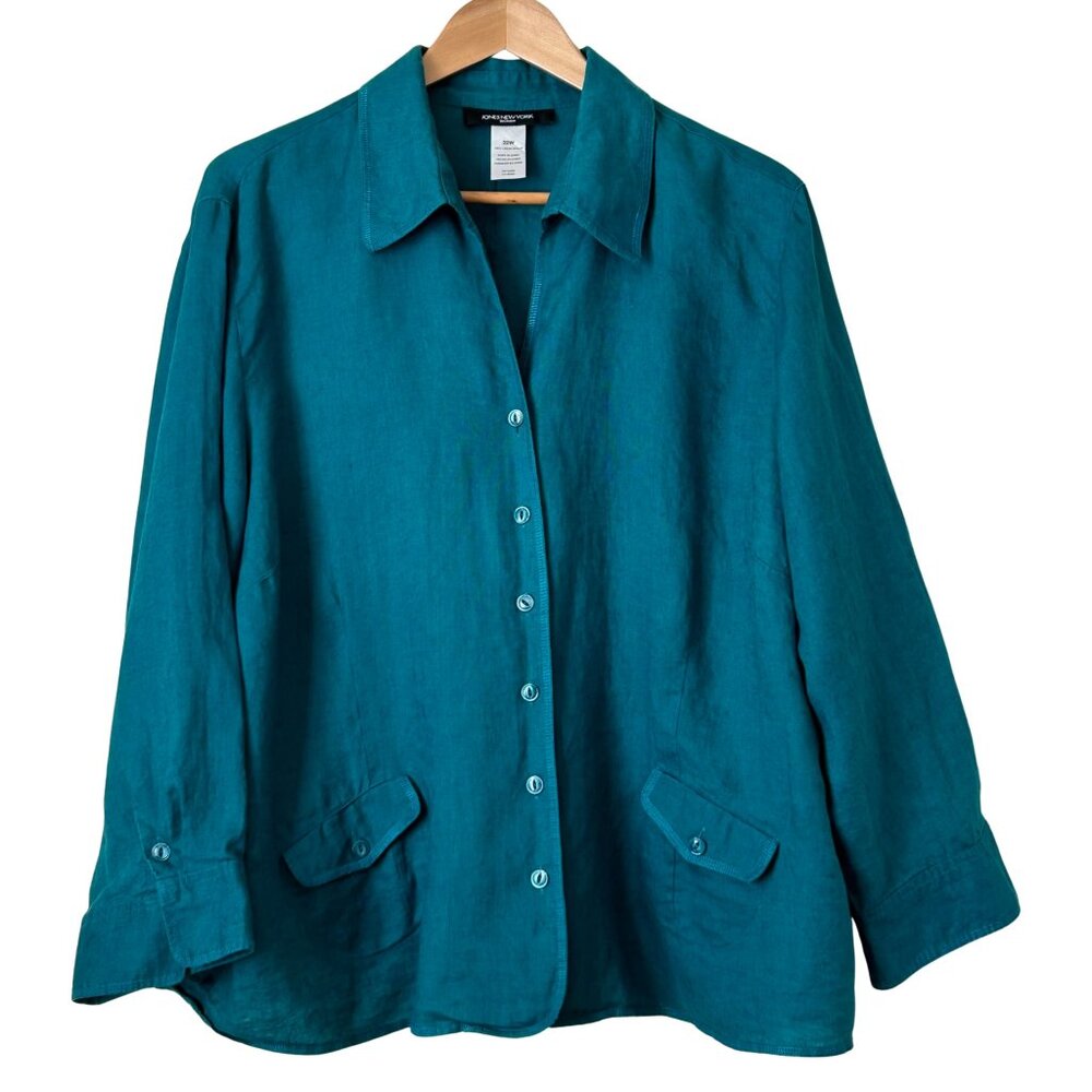 Jones New York Long Sleeve 100% Linen Button Down Shirt - 22W - Turquoise